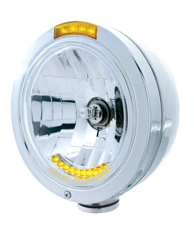 UP32091-Stainless Steel Bullet Classic Headlight H4 With 10 Amber LED & Dual Mode LED Signal - Amber Lens
