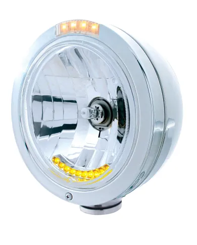 UP32092-Stainless Steel Bullet Classic Headlight H4 With 10 Amber LED & Dual Mode LED Signal - Clear Lens