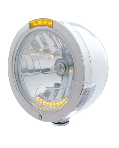 UP32095-Stainless Steel Bullet Half Moon Headlight H4 With 10 Amber LED & Dual Mode LED Signal-Amber Lens