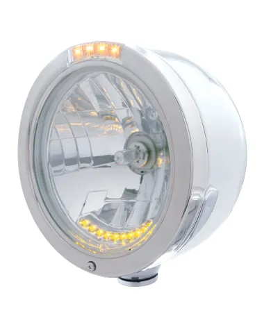 UP32098-Stainless Steel Bullet Half Moon Headlight H4 With 10 Amber LED & Signal - Clear Lens