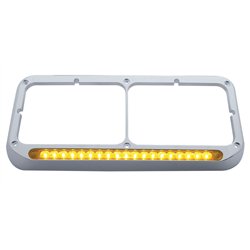 UP32358-Chrome Rectangular Dual Headlight Bezel With 19 LED Light Bar - Amber LED/Amber Lens