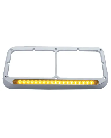 UP32358-Chrome Rectangular Dual Headlight Bezel With 19 LED Light Bar - Amber LED/Amber Lens