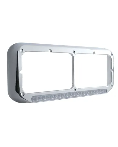 UP32359-Chrome Rectangular Dual Headlight Bezel With 19 LED Light Bar - Amber LED/Clear Lens